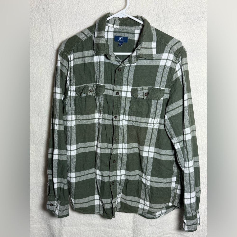 George Men's Olive Plaid flannel Shirt size L